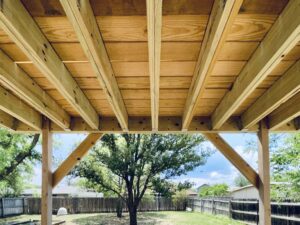 underneath trusses of a deck